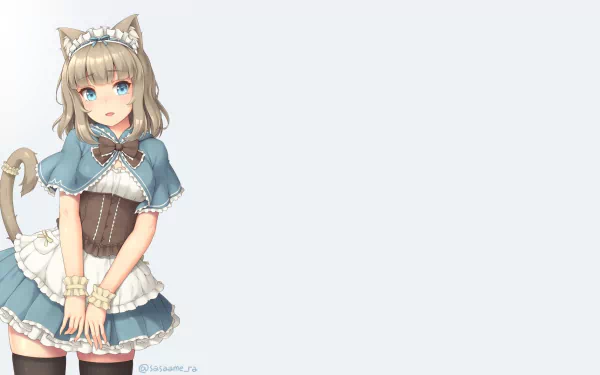 HD anime desktop wallpaper of a blonde cat girl maid with blue eyes, short hair, blush, wearing a headband, apron, and a bow, standing with her tail visible.