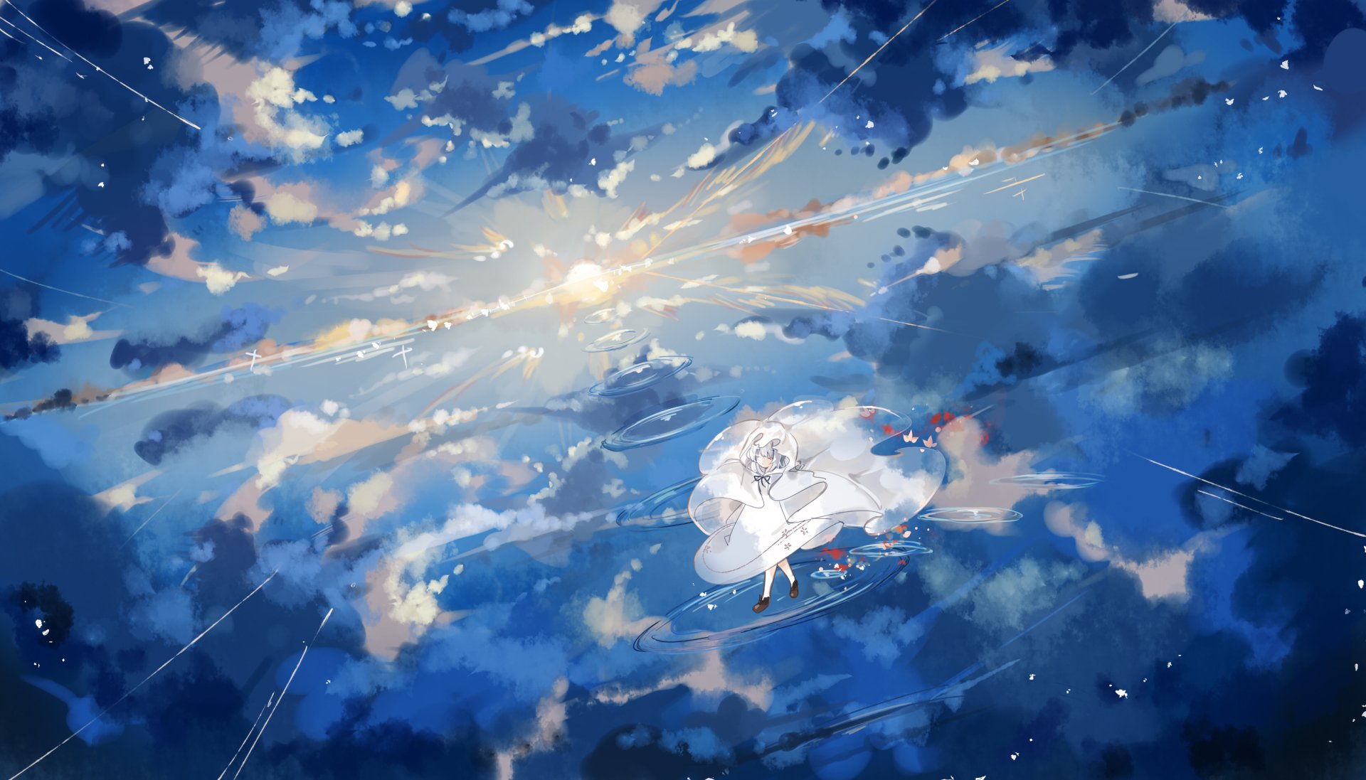 Anime-style original HD desktop wallpaper featuring a serene water reflection of a cloudy sky, with a character gracefully floating on the water surface.