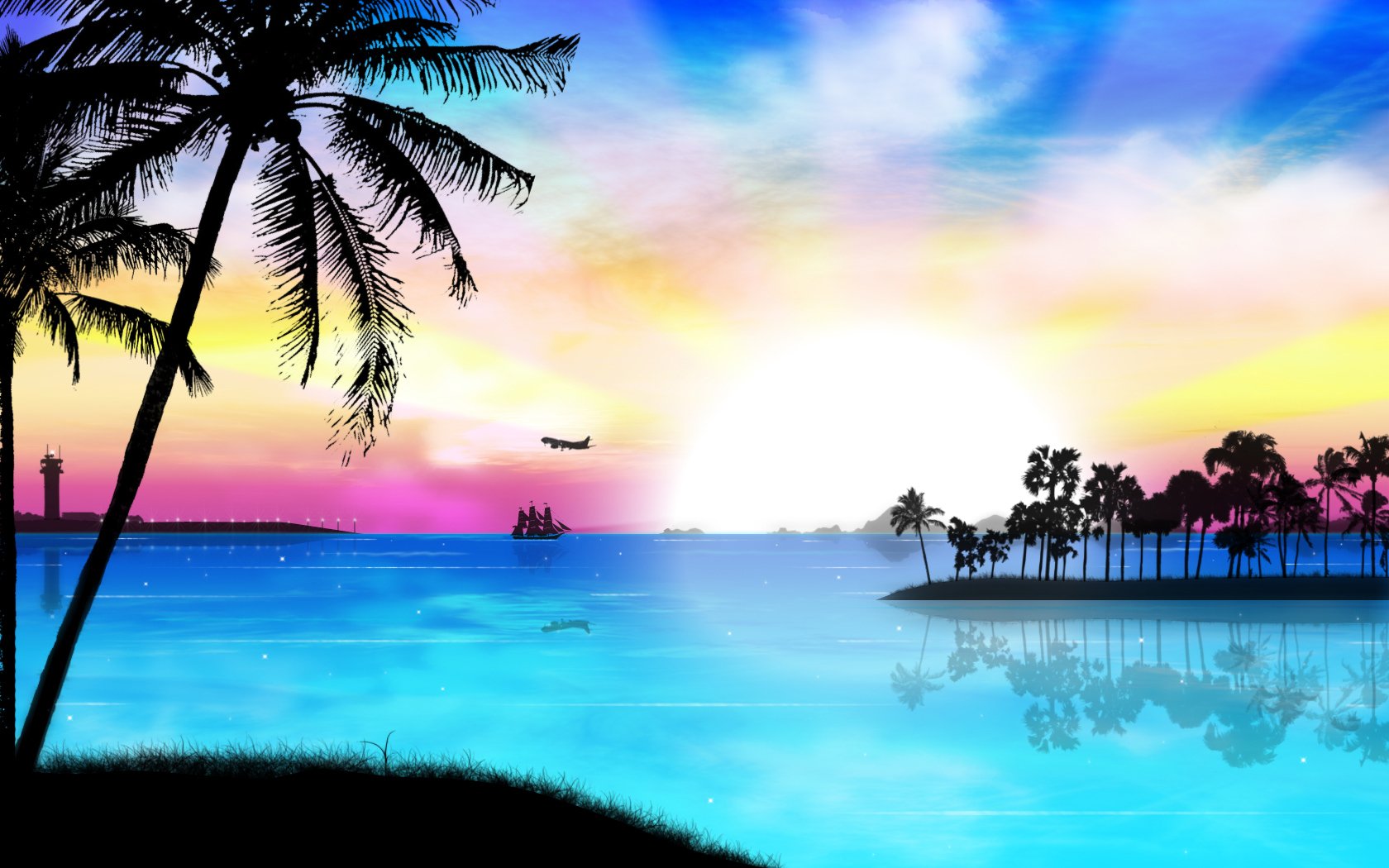 Serene Artistic Nature: Vibrant Tropical Sunrise HD Wallpaper, image size:1680x1050