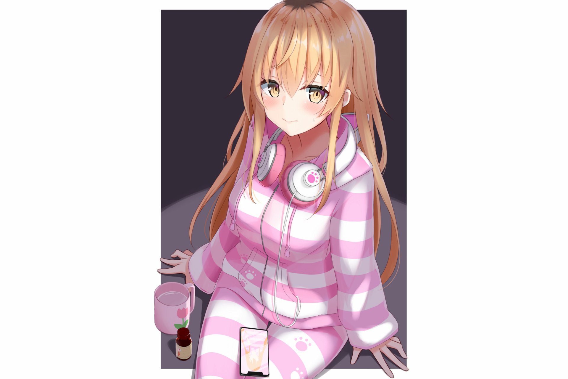 HD anime-style desktop wallpaper featuring Ienaga Mugi, a Virtual Youtuber, wearing a pink and white striped hoodie with headphones around her neck.