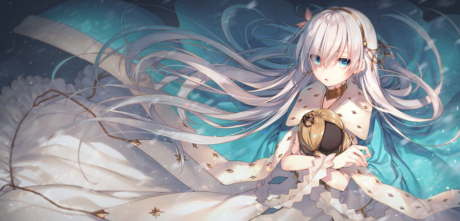 HD PC desktop wallpaper featuring Anastasia from Fate/Grand Order in an anime style, with flowing silver hair and a detailed blue and white outfit.