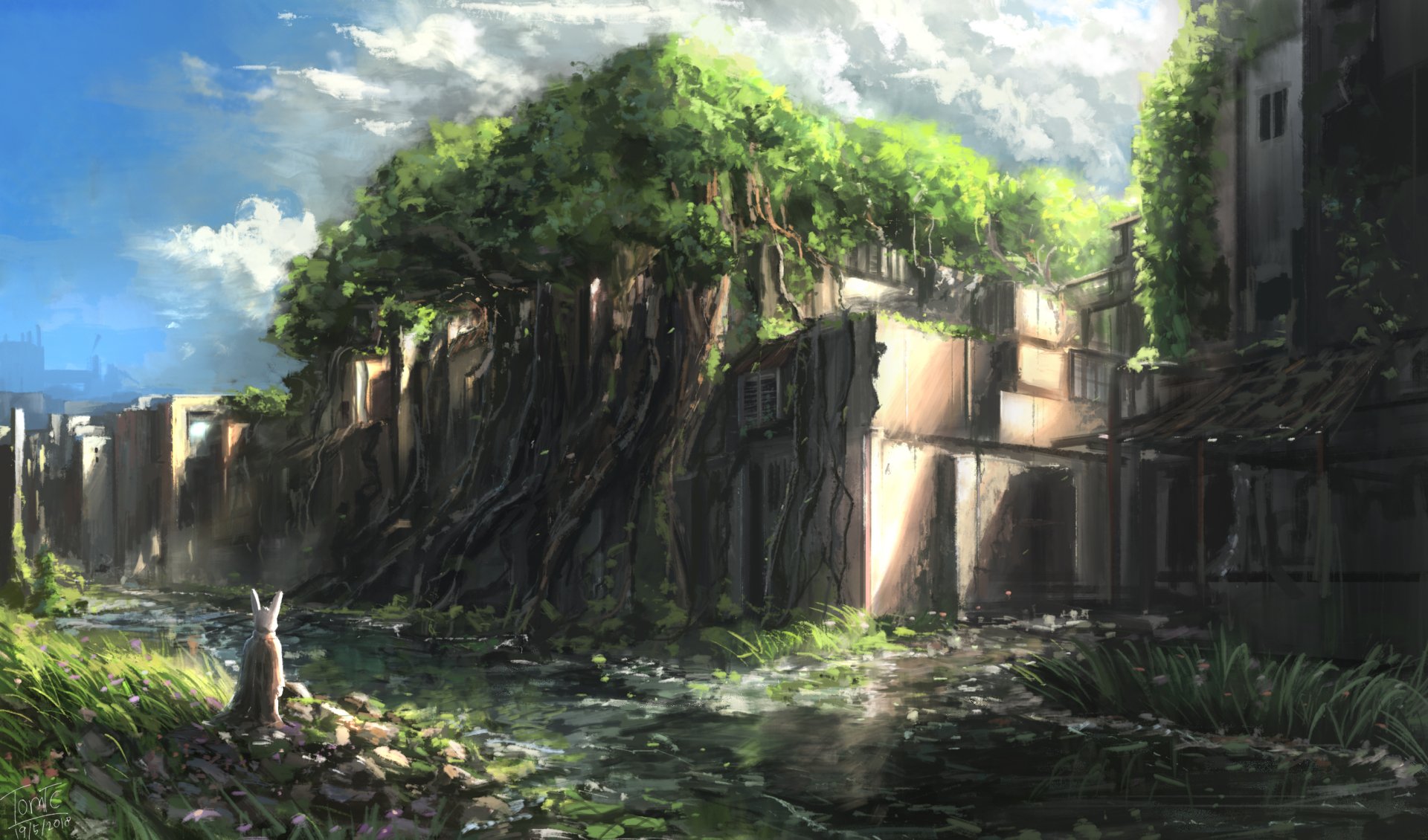 2K Quad HD Wallpaper: Fantasy Streamtown — Overgrown Buildings ...