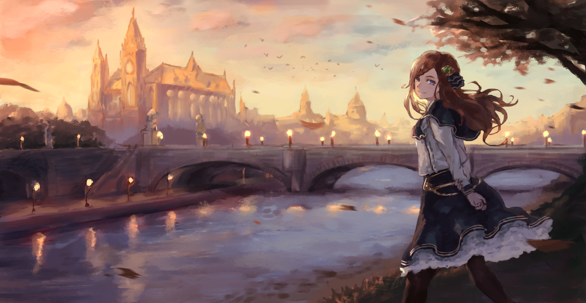 A serene anime scene featuring a girl with long brown hair smiling by a river, with a majestic castle and bridge in the background, capturing a vibrant sunset. HD wallpaper.