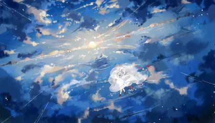 Anime-style original HD desktop wallpaper featuring a serene water reflection of a cloudy sky, with a character gracefully floating on the water surface.