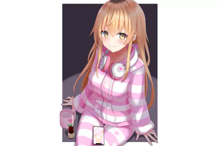 HD anime-style desktop wallpaper featuring Ienaga Mugi, a Virtual Youtuber, wearing a pink and white striped hoodie with headphones around her neck.