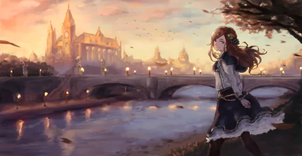 A serene anime scene featuring a girl with long brown hair smiling by a river, with a majestic castle and bridge in the background, capturing a vibrant sunset. HD wallpaper.