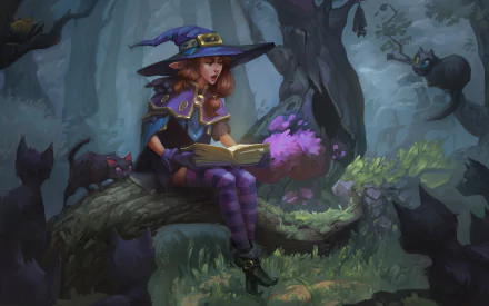 A fantasy HD desktop wallpaper featuring a witch with brown hair, wearing a witch hat, reading a book while surrounded by cats in a dark forest.