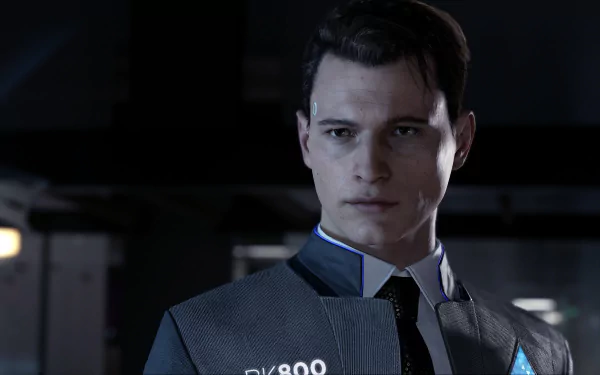 Connor from the video game Detroit: Become Human is shown in a detailed 4K Ultra HD PC desktop wallpaper with a dark, futuristic background.