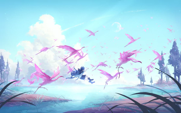 Anime-style HD desktop wallpaper featuring vibrant pink flamingo birds flying over a serene lake with a glowing moon in the bright blue sky.