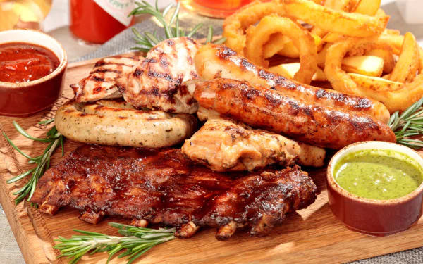 HD desktop wallpaper featuring a still life of grilled sausages, ribs, chicken, curly fries, and dipping sauces, highlighting savory meat and food textures.