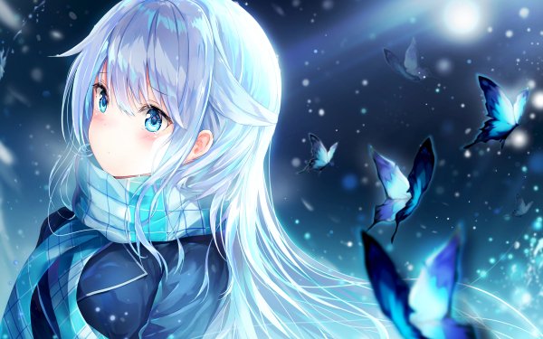Anime Girl Long Hair Butterfly Tears Blue Eyes Blush White Hair HD Wallpaper | Background Image