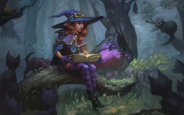 A fantasy HD desktop wallpaper featuring a witch with brown hair, wearing a witch hat, reading a book while surrounded by cats in a dark forest.