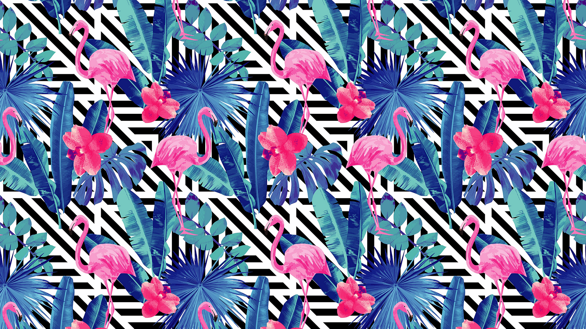 A trippy, artistic HD desktop wallpaper featuring pink flamingos and vibrant tropical foliage on a striking black-and-white striped background.