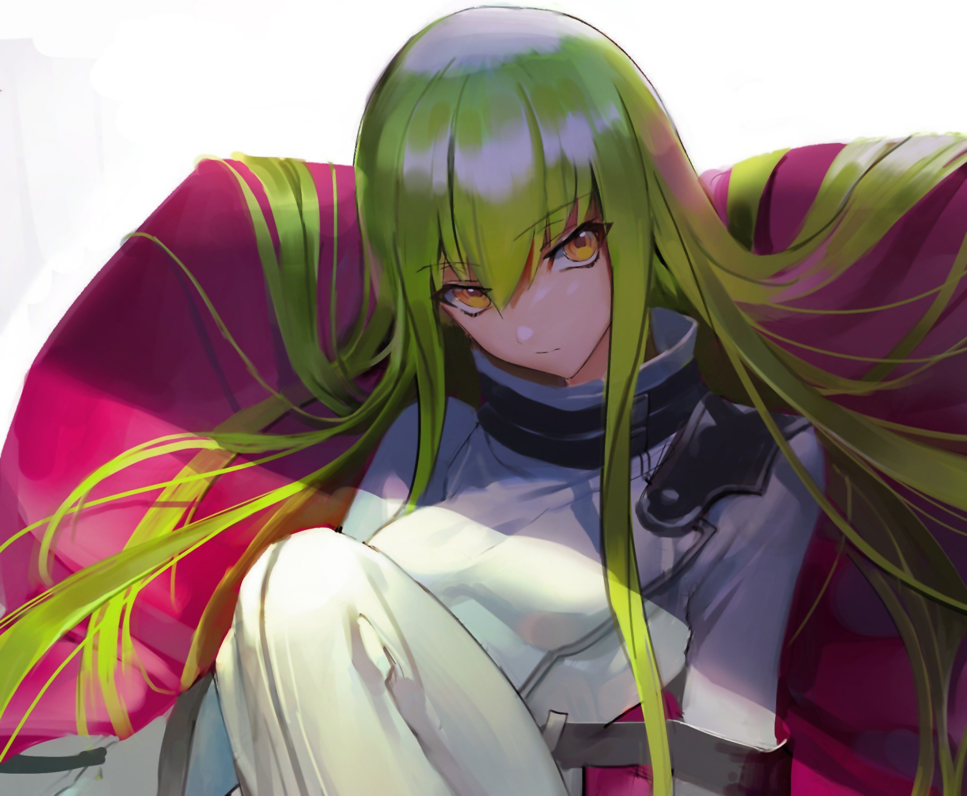 HD desktop wallpaper featuring C.C. from the anime Code Geass, showcasing her with long green hair, sitting in a relaxed pose with an intense expression. The background is vivid, enhancing the overall aesthetic.