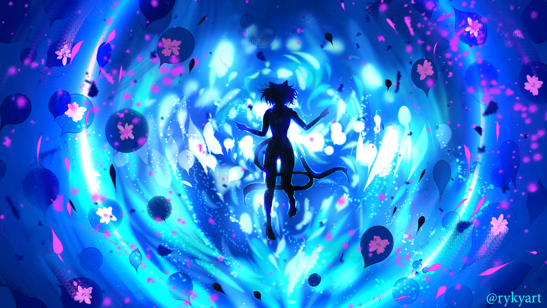 Anime original HD PC desktop wallpaper: silhouette of a short-haired figure with a tail at the center of a glowing blue vortex, surrounded by floating pink flower petals.