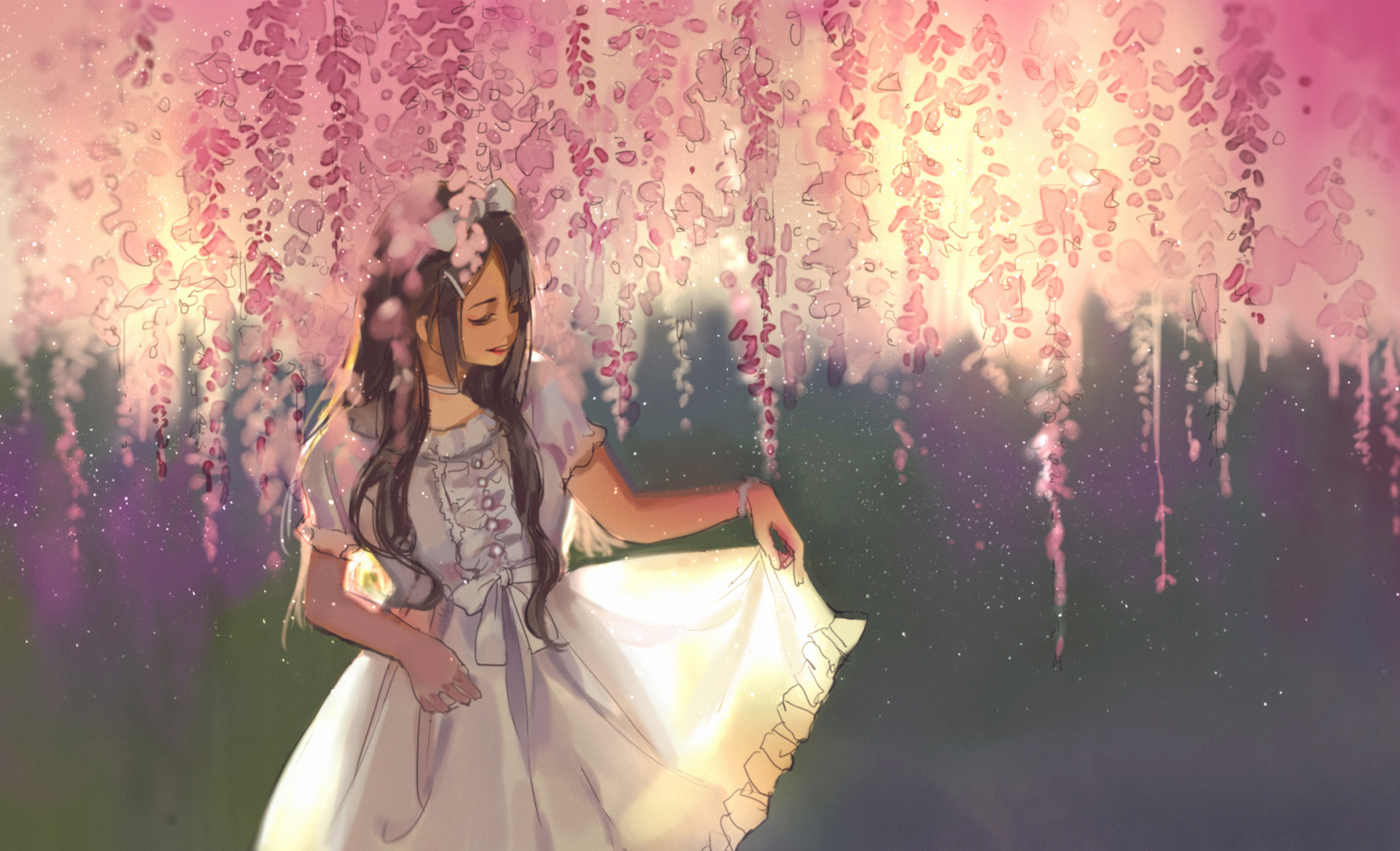 Anime-style HD desktop wallpaper of a smiling girl with long brown hair and a bow, wearing a flowing white dress beneath cascading pink flowers.