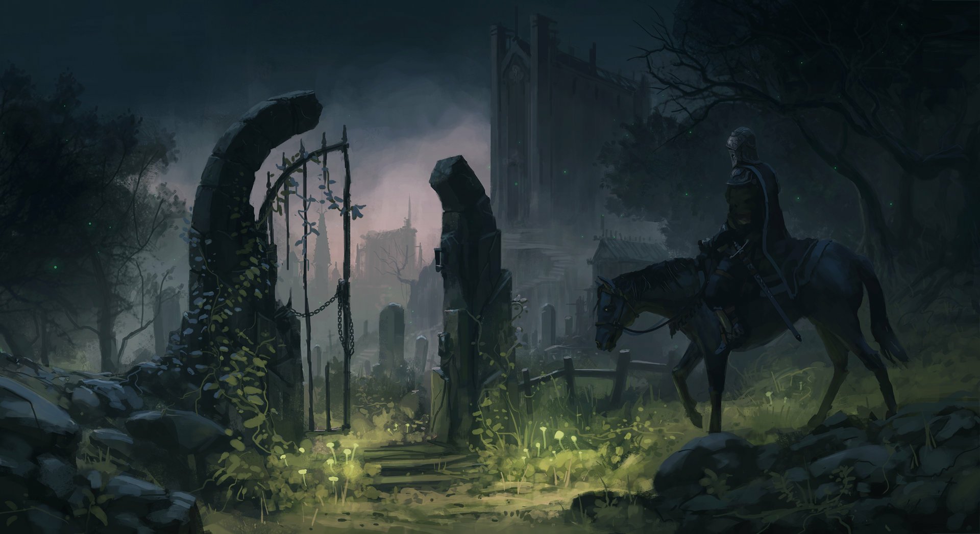 A fantasy warrior on horseback stands in a moonlit cemetery at night, with ancient ruins and overgrown tombstones in the background. HD desktop wallpaper and background.