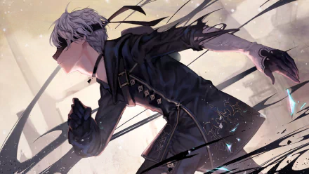 A dynamic HD wallpaper featuring YoRHa No.9 Type S from the video game NieR: Automata, showcasing the character in motion against a stylized background.