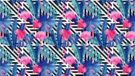 A trippy, artistic HD desktop wallpaper featuring pink flamingos and vibrant tropical foliage on a striking black-and-white striped background.