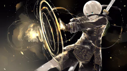 YoRHa No.9 Type S (NieR: Automata) in a dynamic attack pose, blindfolded android brandishing a katana with glowing circular energy rings — HD PC desktop wallpaper/background