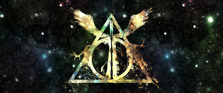 HD wallpaper of Harry Potter and the Deathly Hallows: Part 1 featuring the Deathly Hallows symbol with artistic wings and a cosmic background.