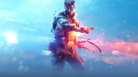 HD desktop wallpaper for the video game Battlefield V, featuring a soldier in an intense action pose with vibrant blue and orange lighting effects in the background.