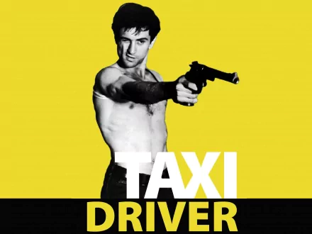 A striking HD wallpaper featuring Robert De Niro as Travis Bickle in Taxi Driver, holding a gun against a bold yellow background.
