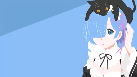 Minimalist HD desktop wallpaper of Rem, a maid from Re:Zero - Starting Life in Another World, with blue background and a black cat on her head.
