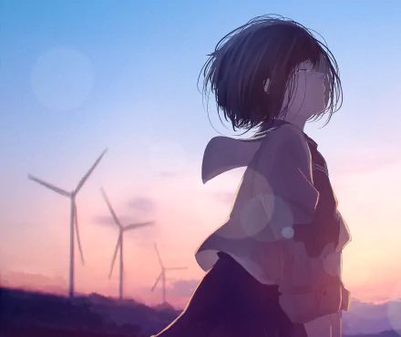 Anime-style HD desktop wallpaper featuring a short black-haired character with tears against a soft sunset backdrop, wind turbines silhouetted in the distance.