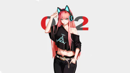 HD desktop wallpaper featuring Zero Two from the anime Darling in the FranXX, with a stylish outfit and cat ear headphones, standing in front of a minimalist background with the numbers 02.