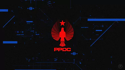 HD PC desktop wallpaper featuring the PPDC emblem from the movie Pacific Rim: Uprising, set against a dark, futuristic digital background.