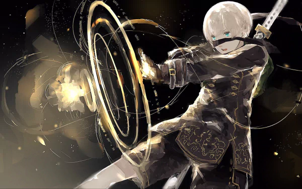 YoRHa No.9 Type S (NieR: Automata) in a dynamic attack pose, blindfolded android brandishing a katana with glowing circular energy rings — HD PC desktop wallpaper/background