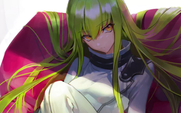 HD desktop wallpaper featuring C.C. from the anime Code Geass, showcasing her with long green hair, sitting in a relaxed pose with an intense expression. The background is vivid, enhancing the overall aesthetic.