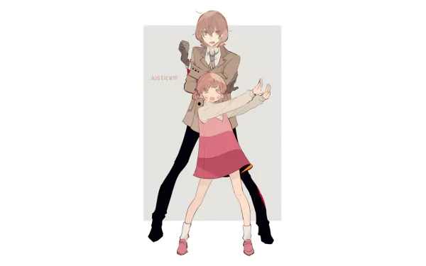 HD PC desktop wallpaper of Nanako Dojima and Goro Akechi (Persona 4, Persona 5) — Goro stands behind Nanako with a playful hug, anime-style video game artwork.