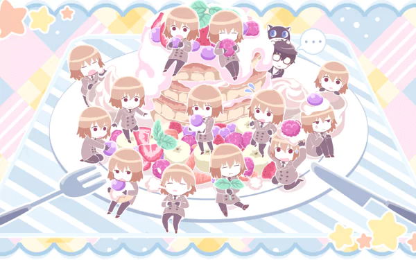 HD PC desktop wallpaper of chibi Goro Akechi from Persona 5: many pastel chibi figures gathered on a dessert plate around a stack of pancakes, cute pastel scalloped background.