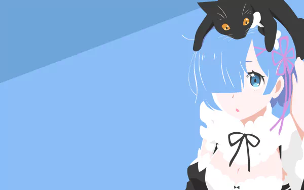 Minimalist HD desktop wallpaper of Rem, a maid from Re:Zero - Starting Life in Another World, with blue background and a black cat on her head.