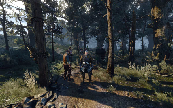 Geralt of Rivia from The Witcher 3: Wild Hunt stands in a sunlit forest clearing with two villagers — 8K Ultra HD PC desktop wallpaper/background.