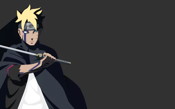 Minimalist HD desktop wallpaper featuring Boruto Uzumaki from anime Naruto, showcasing the distinct Jōgan eye in a sleek, dark background.