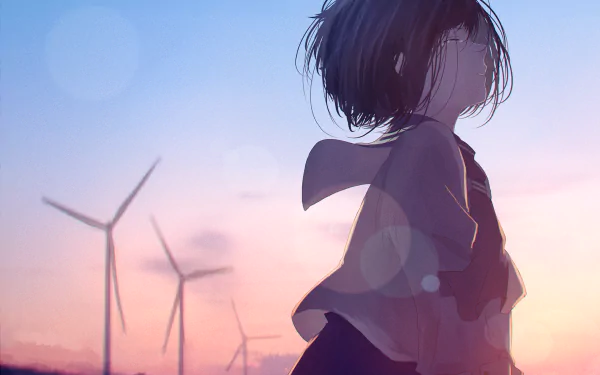 Anime-style HD desktop wallpaper featuring a short black-haired character with tears against a soft sunset backdrop, wind turbines silhouetted in the distance.