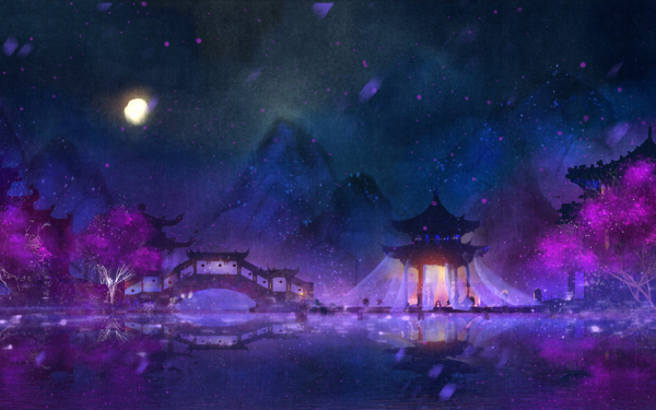 Fantasy Oriental River Mountain Night HD Wallpaper | Background Image