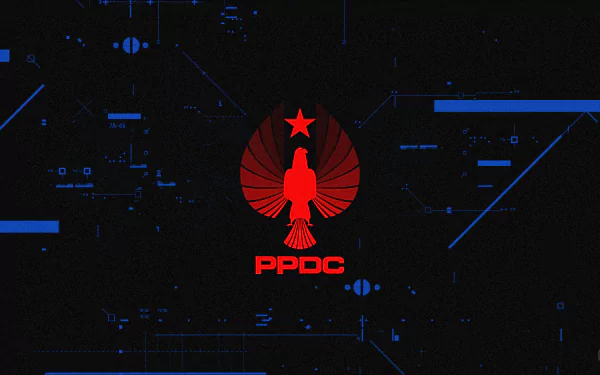 HD PC desktop wallpaper featuring the PPDC emblem from the movie Pacific Rim: Uprising, set against a dark, futuristic digital background.