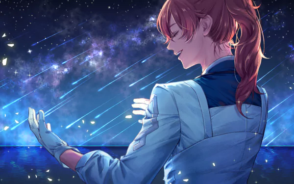 Romani Archaman (Fate/Grand Order) anime 4K Ultra HD PC desktop wallpaper — red‑haired Romani in profile, outstretched hand beneath a streaked, starry cosmic background.