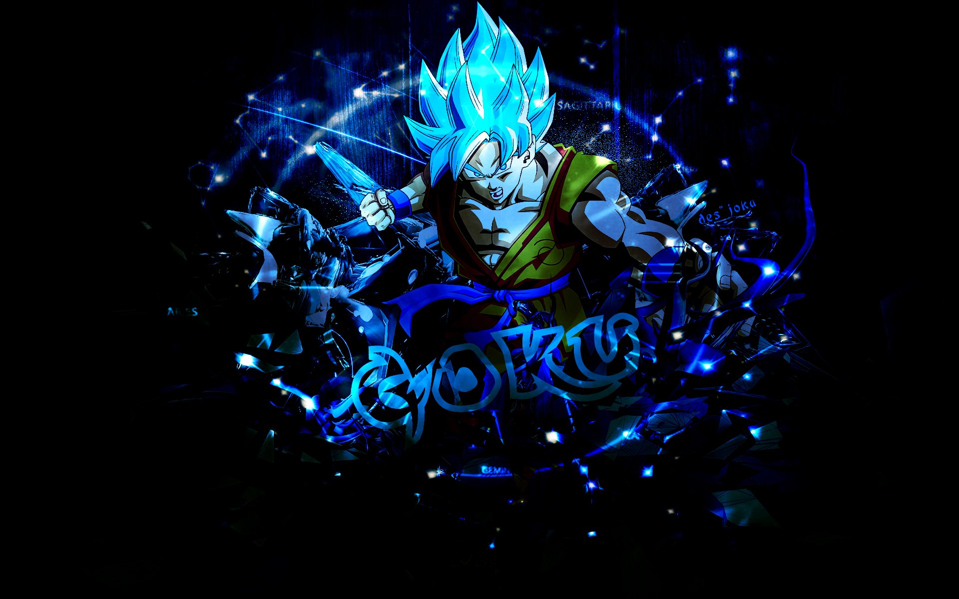 HD PC desktop anime wallpaper of Goku (Dragon Ball Super) in Super Saiyan Blue, erupting with electric blue energy and shattered light on a dark background.