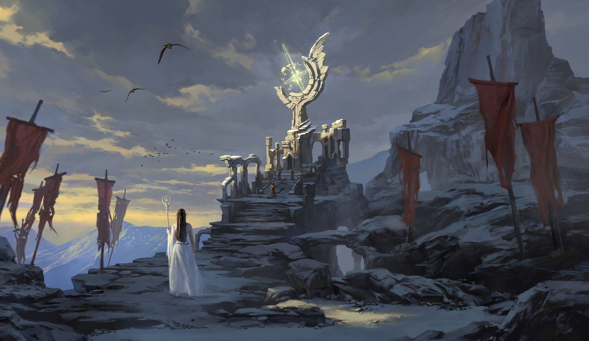 HD PC desktop fantasy wallpaper: a sorceress in a flowing white dress stands among mountain ruins and red banners before a glowing arcane monument.
