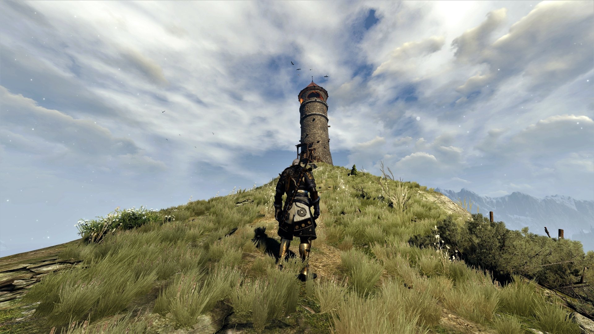 Geralt of Rivia on horseback ascending a grassy hill toward a lighthouse under dramatic clouds — 8K Ultra HD PC wallpaper from The Witcher 3: Wild Hunt.