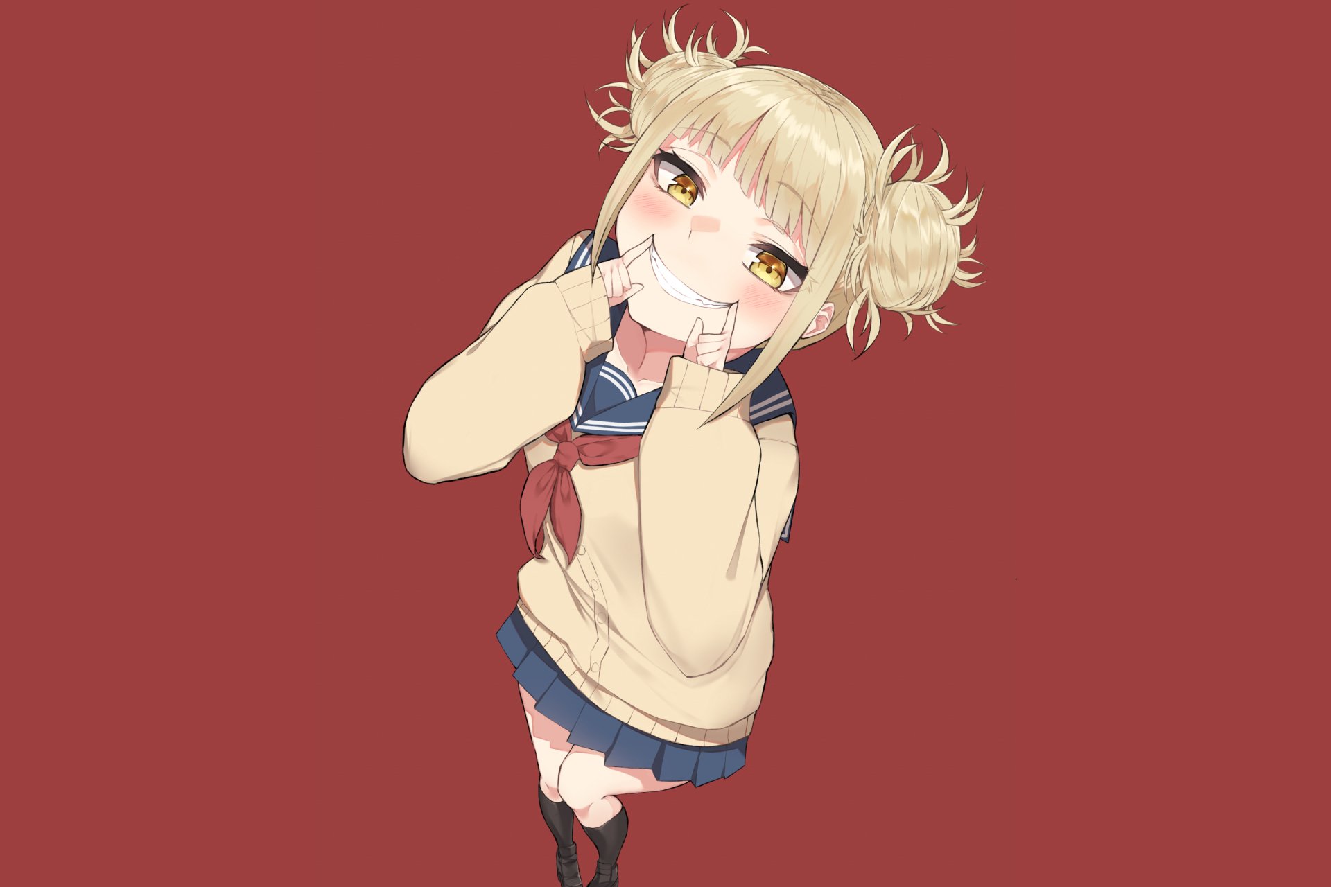HD wallpaper featuring Himiko Toga from My Hero Academia, showcasing her playful demeanor with blonde hair in pigtails and a quirky expression against a red background.
