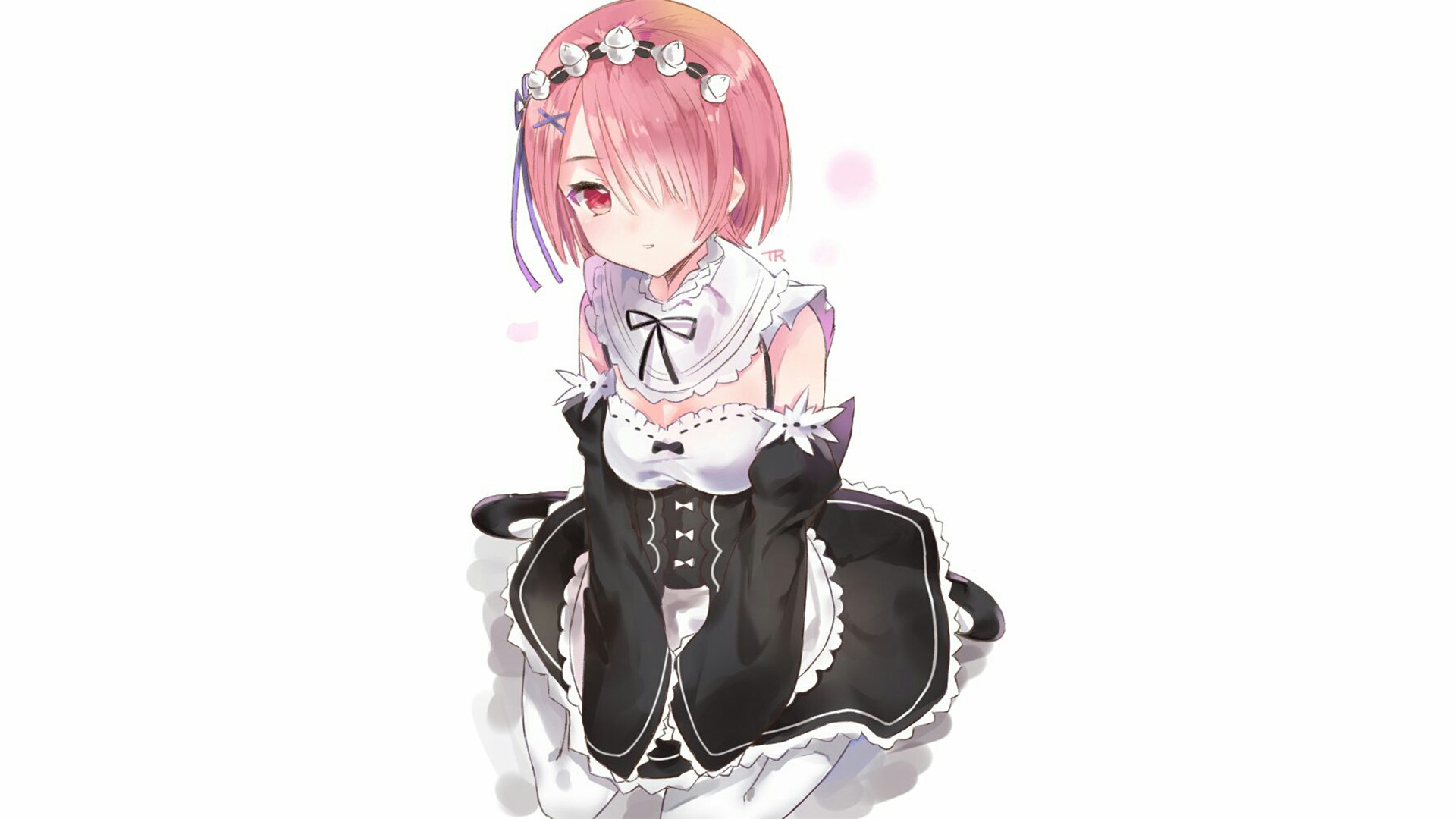 HD anime desktop wallpaper featuring Ram from Re:Zero - Starting Life in Another World, depicted in her signature maid outfit with soft pink hair and a delicate expression.