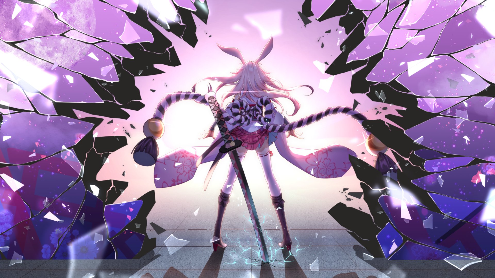 HD PC desktop wallpaper featuring Yae Sakura from the anime Benghuai Xueyuan, surrounded by vibrant purple sakura petals and dynamic shattered glass effects.