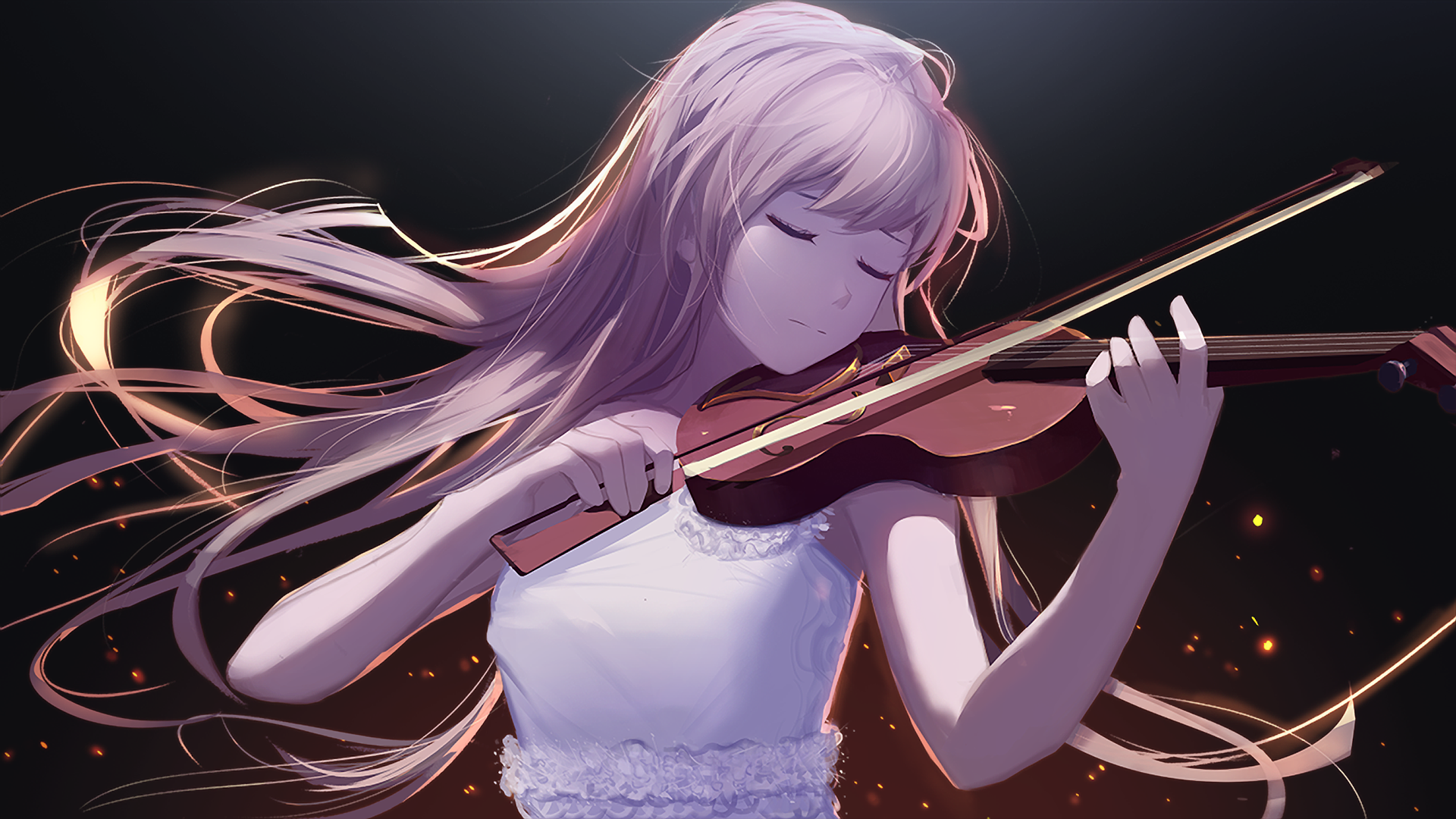 Kaori Miyazono from Your Lie in April plays the violin with closed eyes and flowing hair in this HD anime desktop wallpaper.