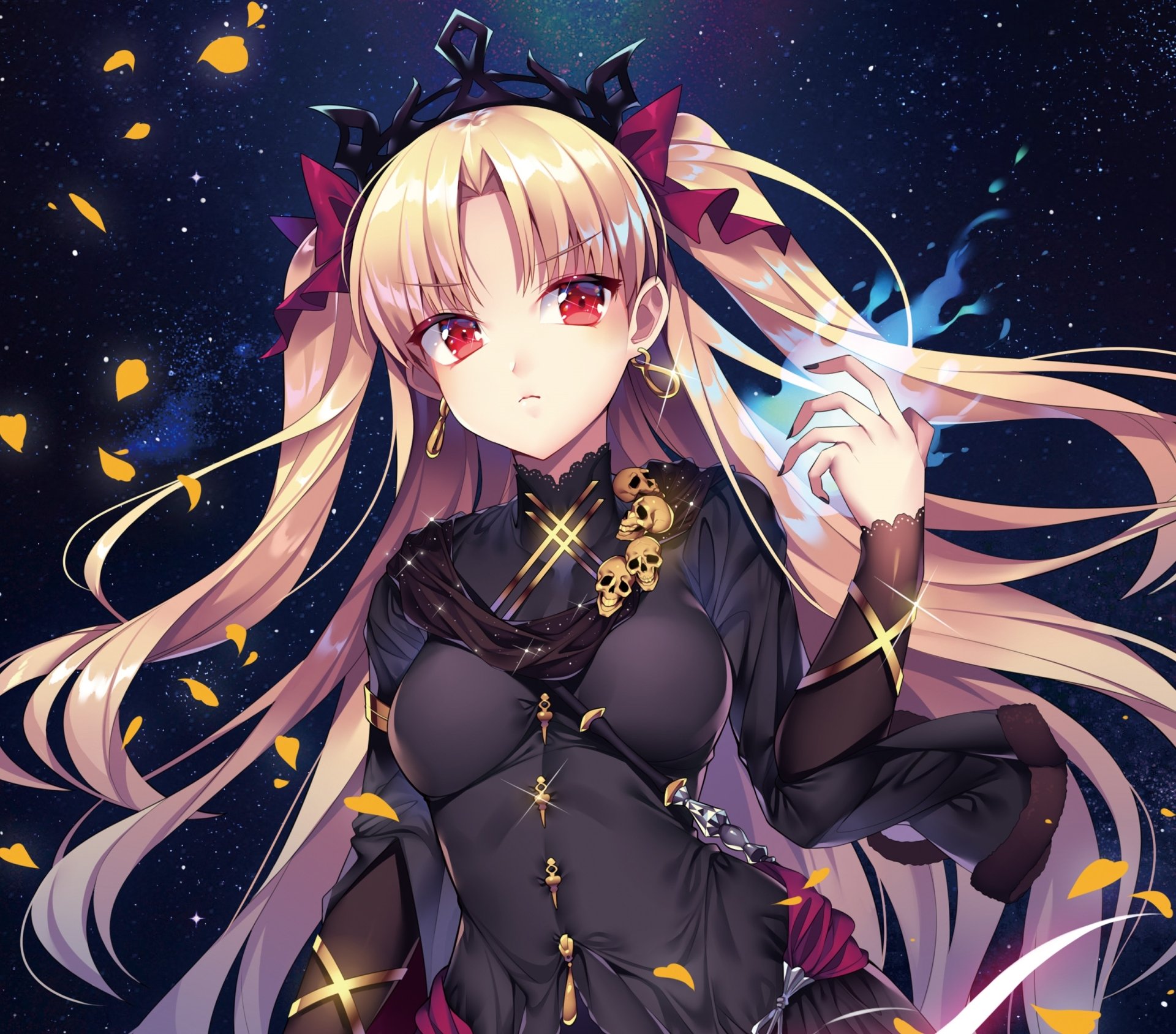 Ereshkigal (Lancer, Fate/Grand Order) anime HD PC desktop wallpaper — stern blonde with red eyes in an ornate black dress, flowing hair and glowing magical fragments.